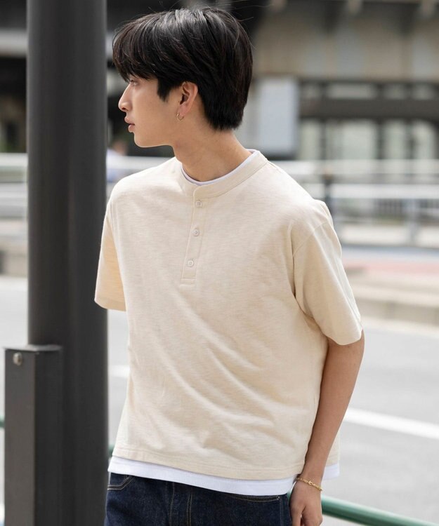 WEGO 【ユニセックス着用ITEM/MLサイズ展開】フェイクレイヤードヘンリーネックT（SS） ライトベージュ