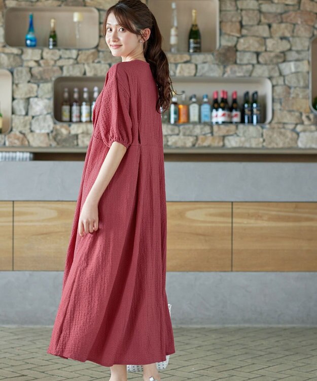 Tiaclasse L 【新色追加】ワッフルVネックワンピース ディープピンク