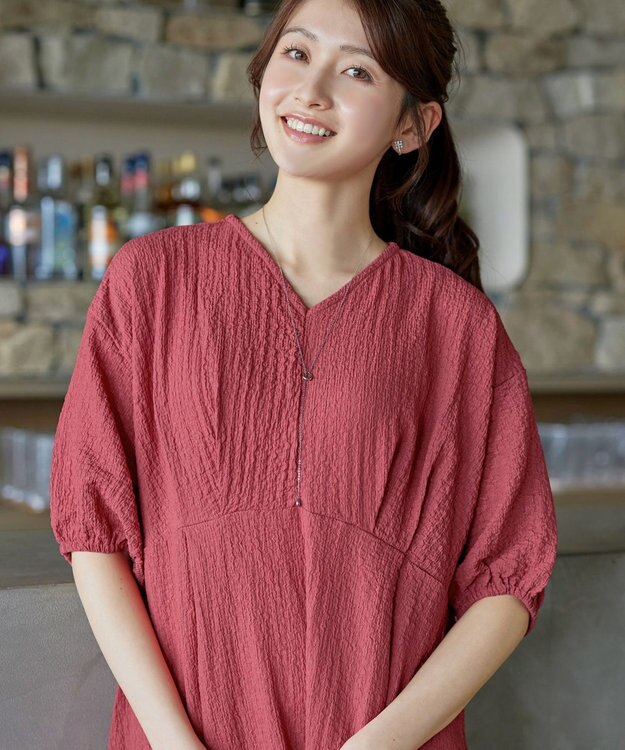 Tiaclasse L 【新色追加】ワッフルVネックワンピース ディープピンク