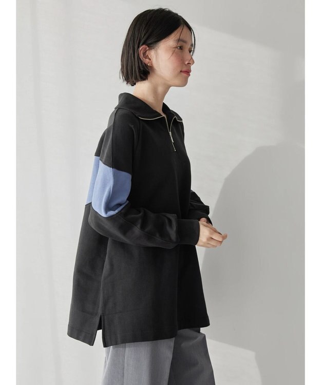 AMERICAN HOLIC ハーフＺＩＰ配色切り替え裏毛チュニック Black
