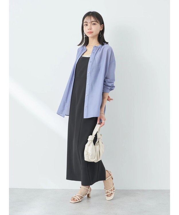 earth music&ecology シアーギャザーネックブラウス Deep Blue