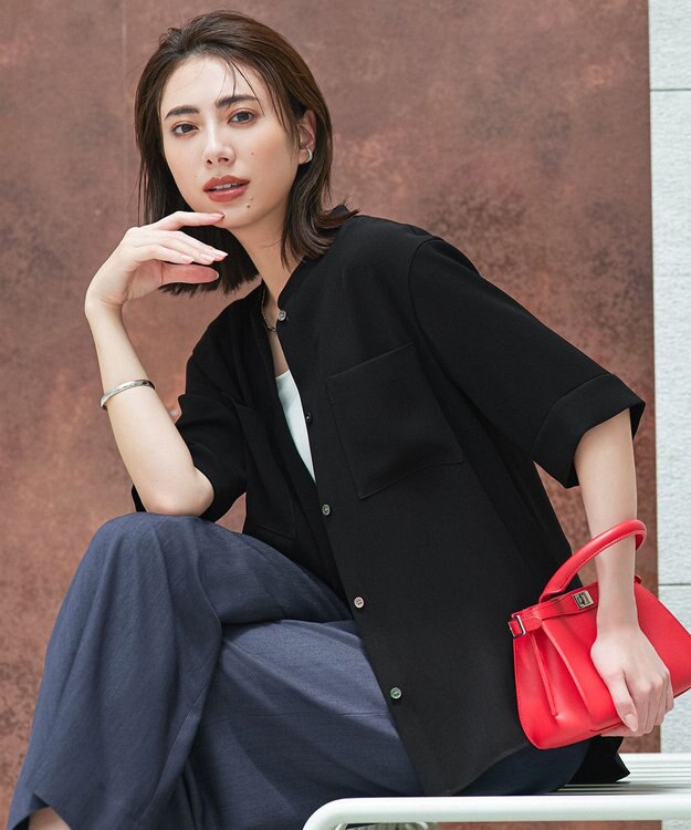 ICB 【UVカット・防シワ・洗える】ライトダブルクロス バンドカラーブラウス ブラック系