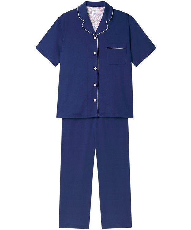 une nana cool 【綿100%】60/2 やわらか天竺 半袖開襟パジャマ MADE WITH LIBERTY FABRIC ネイビー