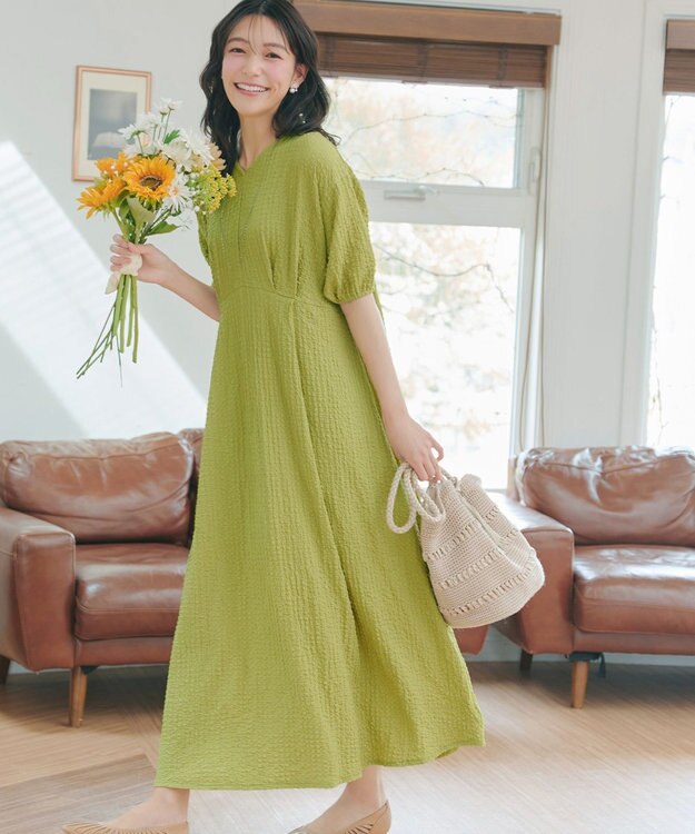 Tiaclasse L 【新色追加】ワッフルVネックワンピース ライム