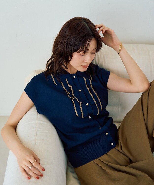 YECCA VECCA 配色フリルカーディガン Navy