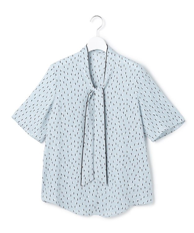 ICB L 【新色追加】BackSatinAmunzen 5分袖配色ボウタイブラウス サックスブルー×モチーフドット柄