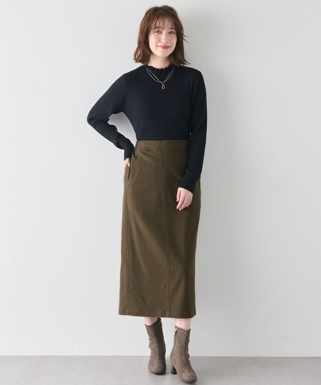 ANY L 【手洗い可/ウエストゴム】裏起毛ハイストレッチタイトスカート カーキ