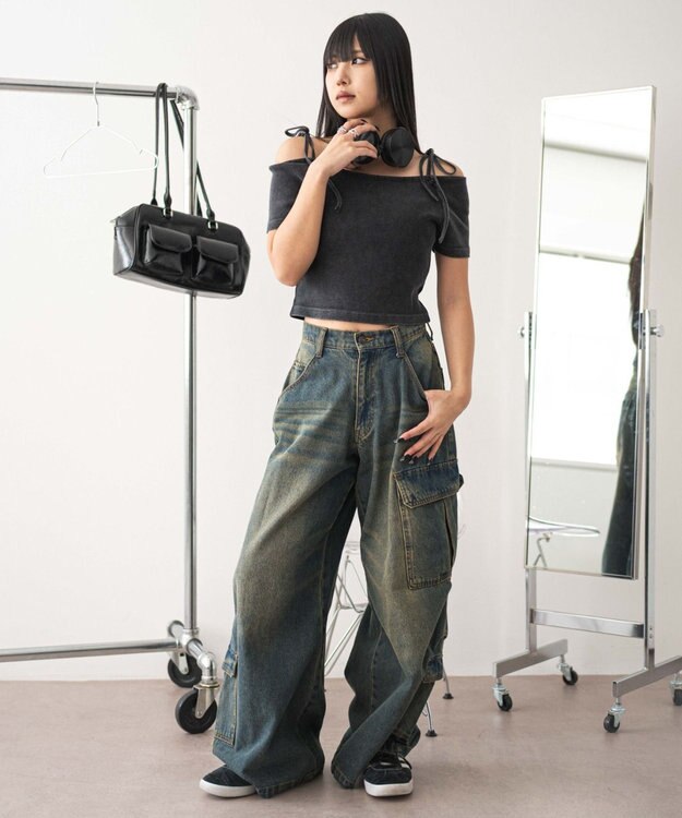 WEGO ヴィンテージウォッシュオフショルちびT スミクロ