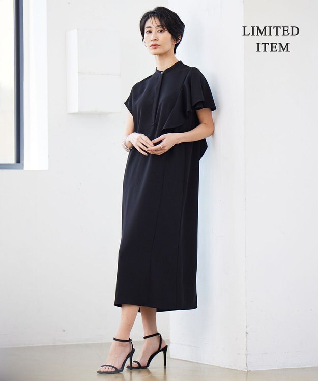 ICB 【接触冷感・UVケア・防シワ・洗える】エステルダブルクロス ラッフルスリーブワンピース ブラック系