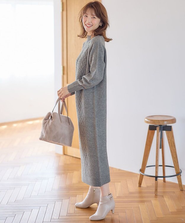 ANY SIS 【洗える】ハイネックケーブルニット ワンピース グレー