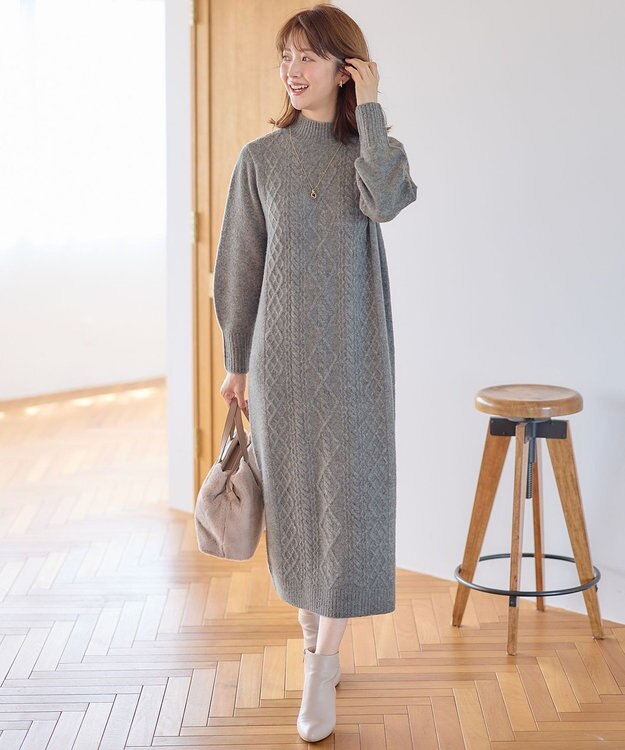ANY SIS 【洗える】ハイネックケーブルニット ワンピース グレー