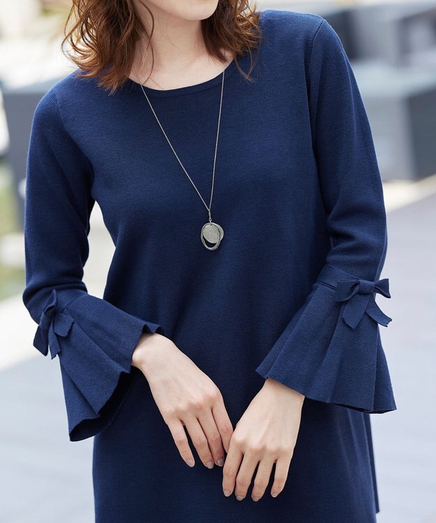 Tiaclasse L 【洗える】ミラノリブ編みのフレア袖ニットチュニック ネイビー