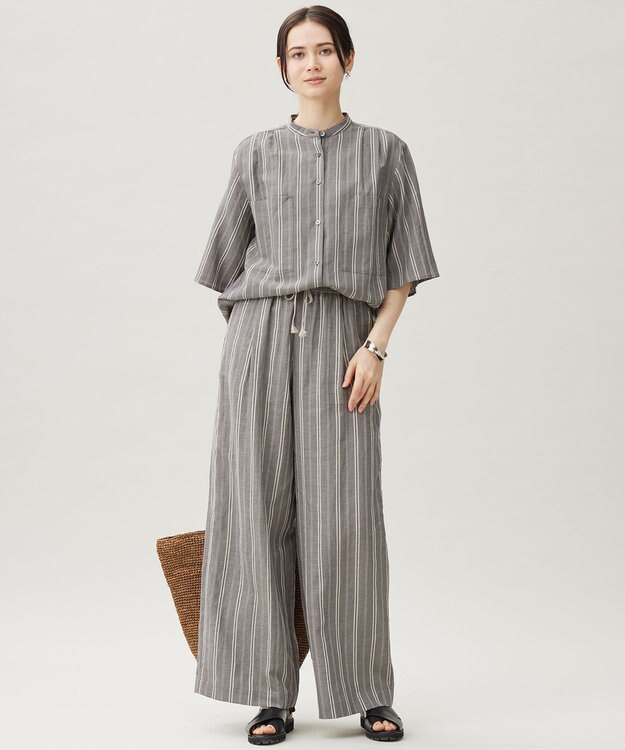 自由区 S 【カタログ掲載・セットアップ対応・洗える】リネンビスコースストライプドロスト パンツ セピア系