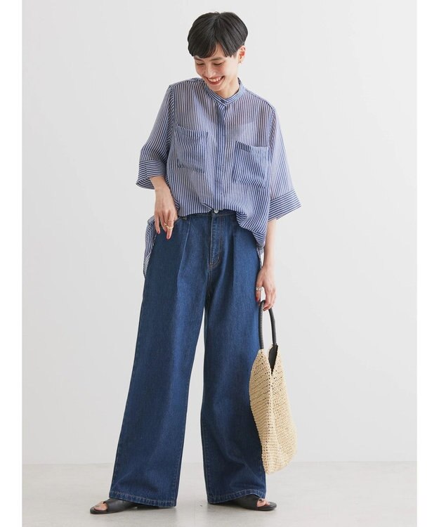 AMERICAN HOLIC シアーバックフレアＷポケットシャツチュニック Stripe Navy