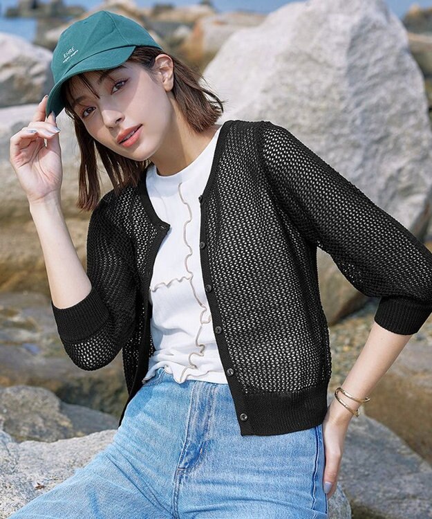 Tiaclasse L 【新色追加・洗える】パフスリーブ透かし編みニットカーディガン ブラック