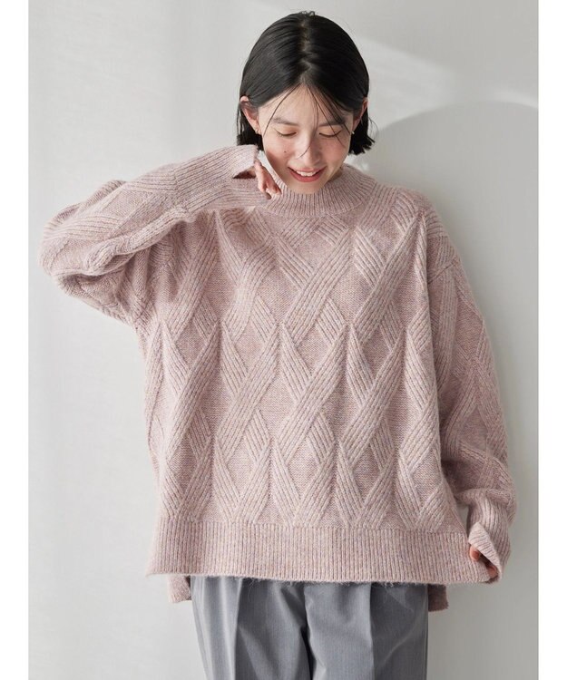 AMERICAN HOLIC Ｍｉｘヤーンモックネックケーブルニットプルオーバー Pink