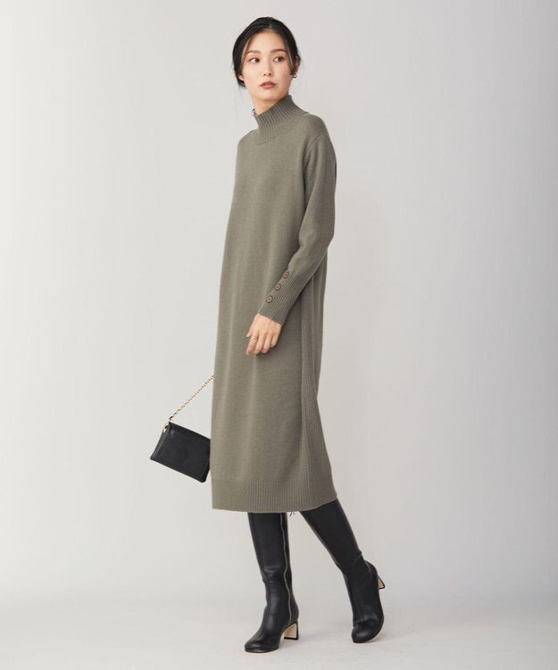 ICB L 【WEB限定カラーあり】 ソフトカシミヤミックス ハイネックワンピース アッシュカーキ系