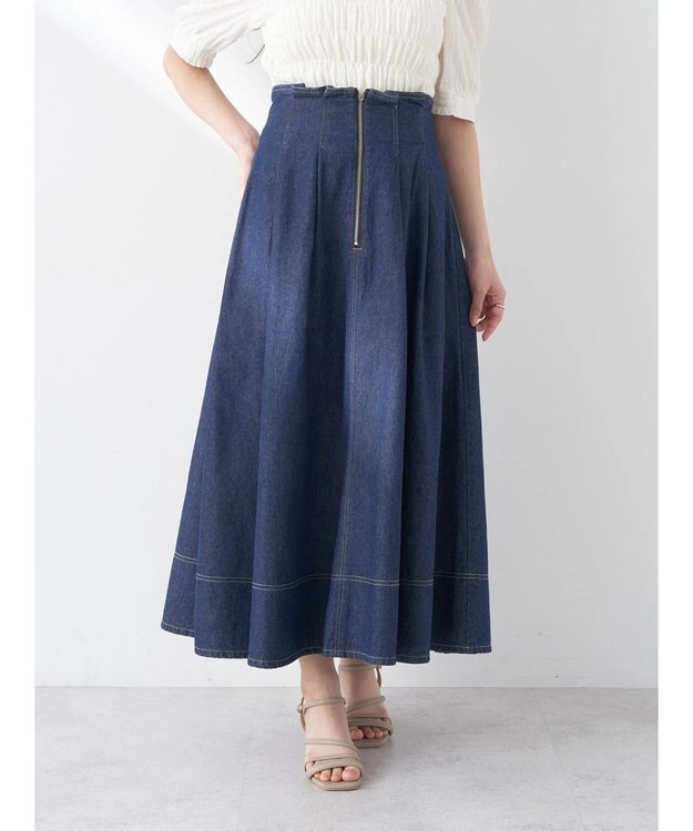 earth music&ecology フロントジップタックフレアスカート Indigo