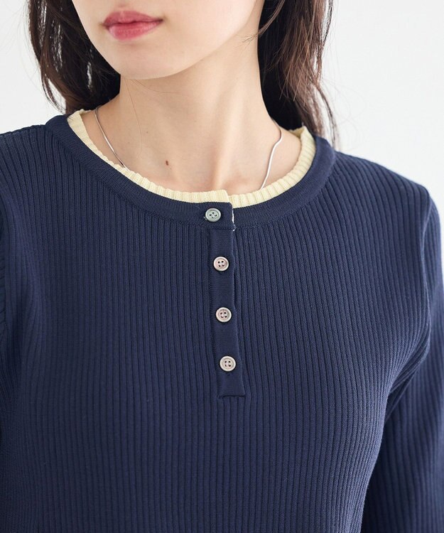 earth music&ecology ヘンリーネック半袖ニットプルオーバー Navy