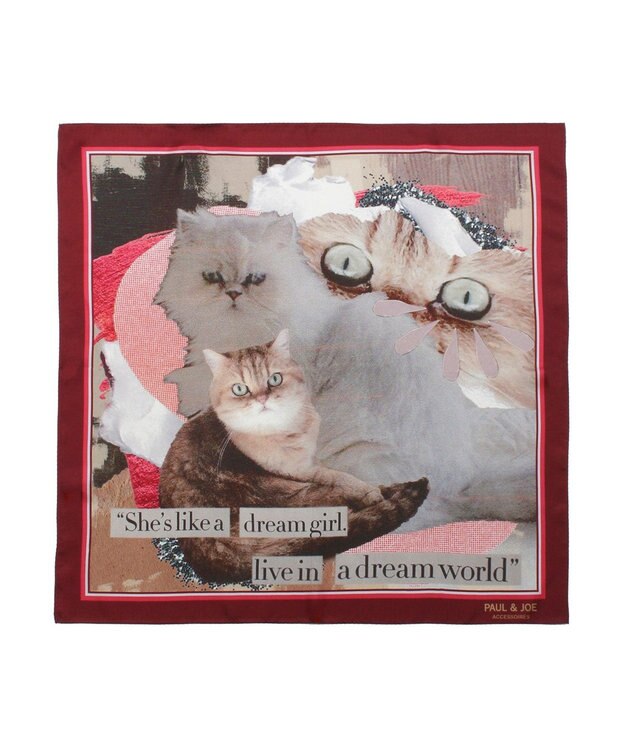 MOONBAT 【WEB限定】PAUL & JOE ACCESSOIRES シルクツイル キャットコラージュスカーフ 58×58cm Dream Girl(ワイン)