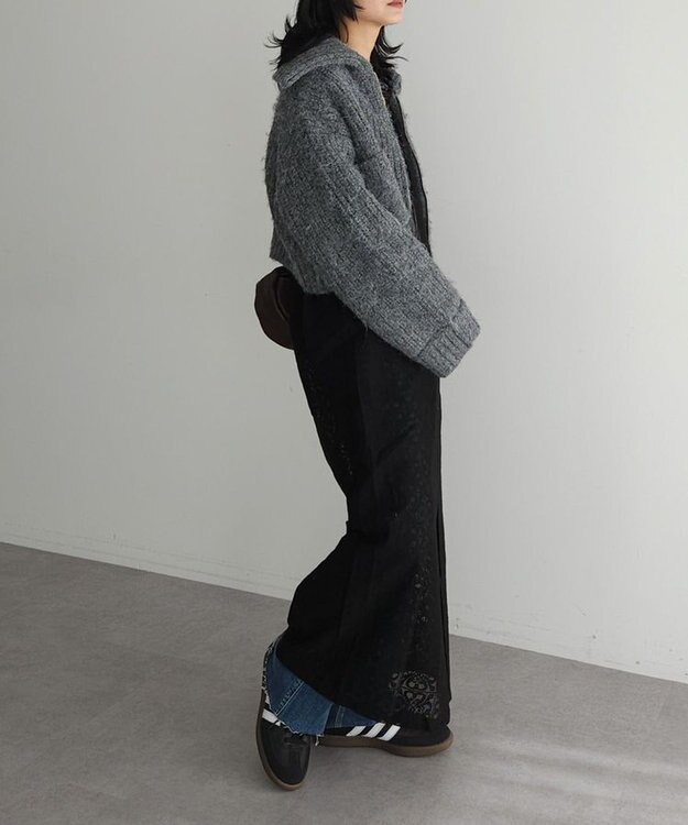 Green Parks フロントジップビックカラーニットブルゾン Gray