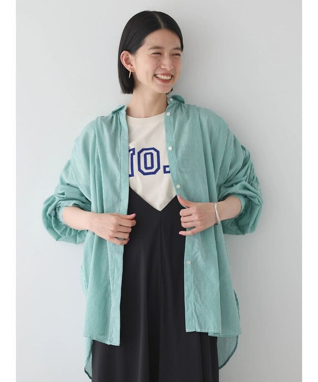 AMERICAN HOLIC カルゼギャザーシャツチュニック Stripe Green