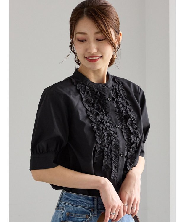 Te chichi フロントフリル5分袖ブラウス ブラック