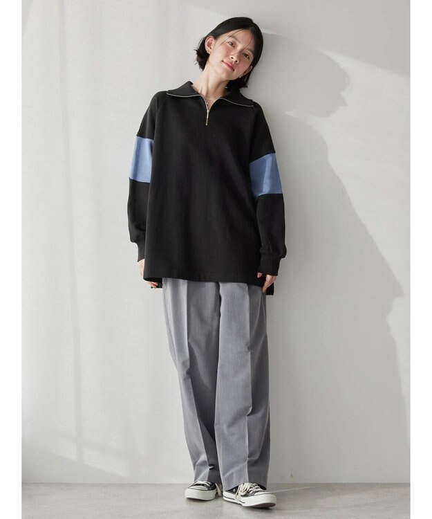 AMERICAN HOLIC ハーフＺＩＰ配色切り替え裏毛チュニック Black