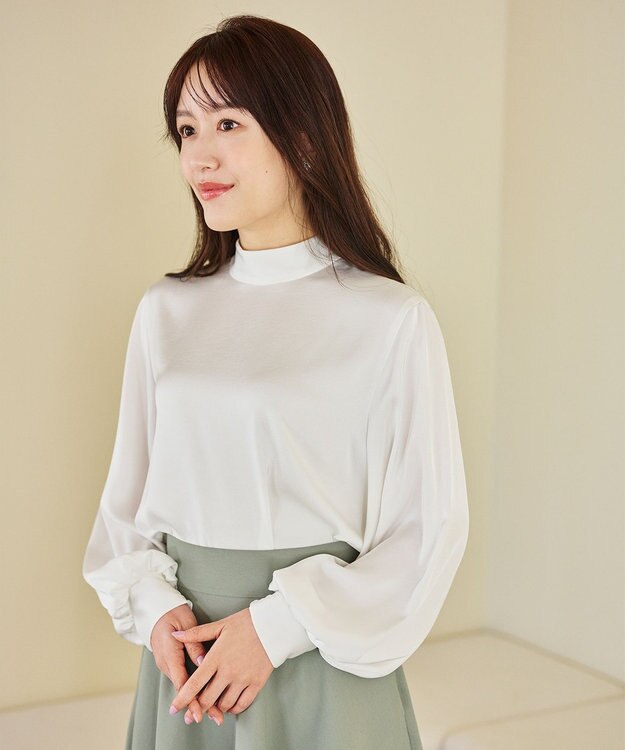 #Newans 【ストレッチ】〈花乃まりあさんコラボ〉ハイネックブラウス ホワイト