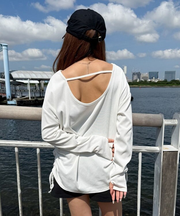 WEGO 【ラッシュガード/吸水速乾/UVカット/日焼け対策/体型カバー】リブドロストデザイントップス ホワイト