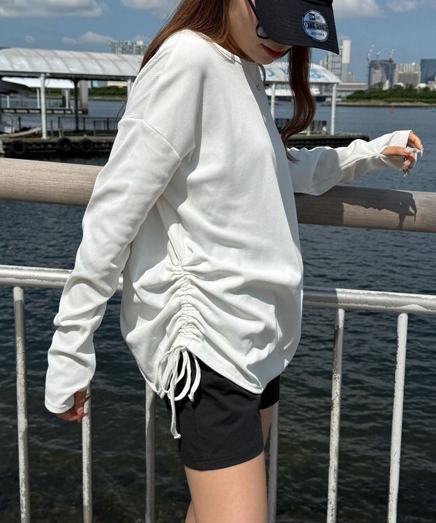 WEGO 【ラッシュガード/吸水速乾/UVカット/日焼け対策/体型カバー】リブドロストデザイントップス ホワイト