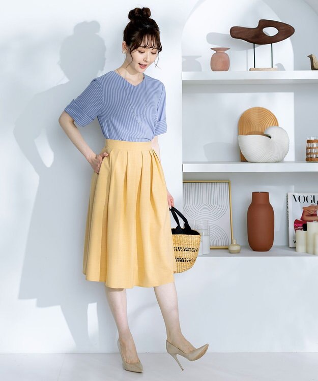 Tiaclasse L 【洗える】ゆったりシルエットの幅広カフスブラウス サックスストライプ