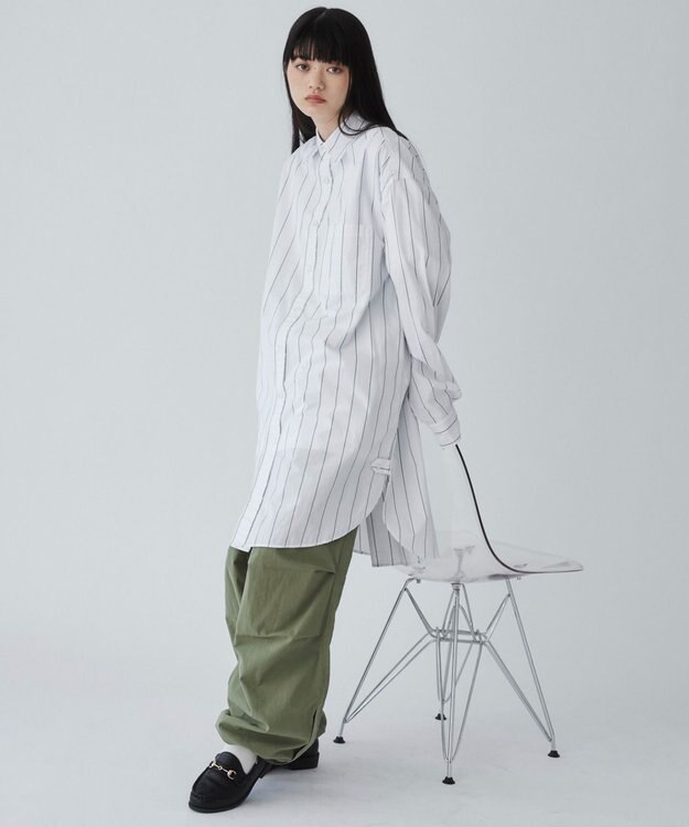 WEGO ストライプロングシャツ ホワイトストライプ