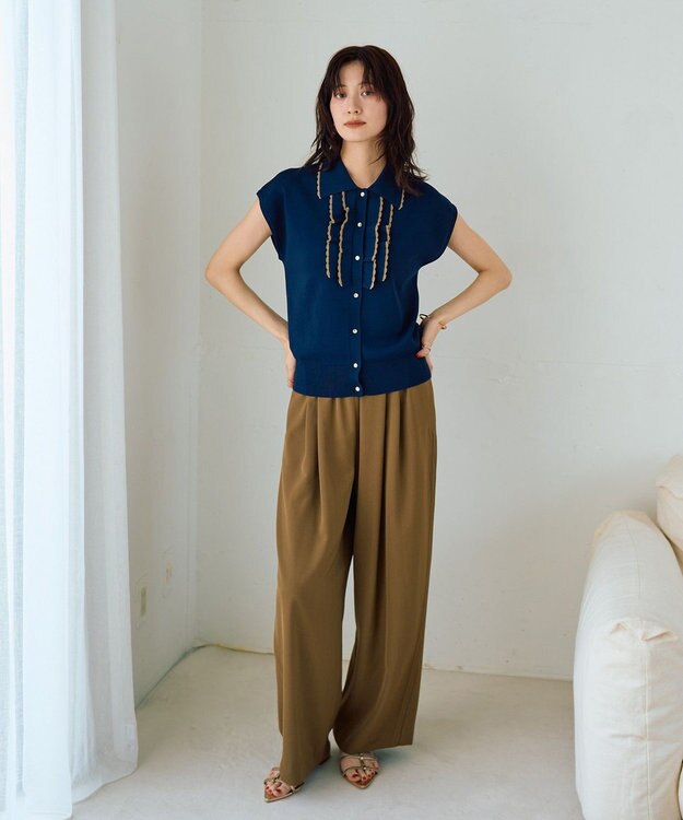 YECCA VECCA 配色フリルカーディガン Navy