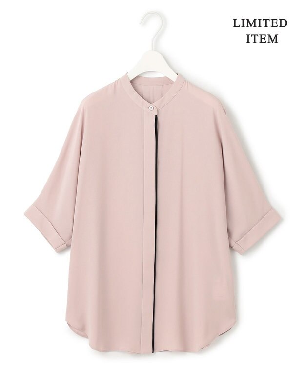 ICB L 【人気のため新色追加・接触冷感・UVケア・速乾・洗える】BackSatinAmunzen 5分袖バンドカラーブラウス ヘイズピンク系［WEB限定］