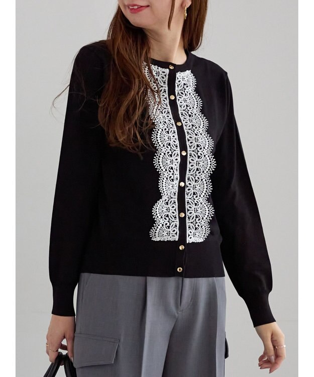 Te chichi フロントレースクルーネックカーディガン ブラック