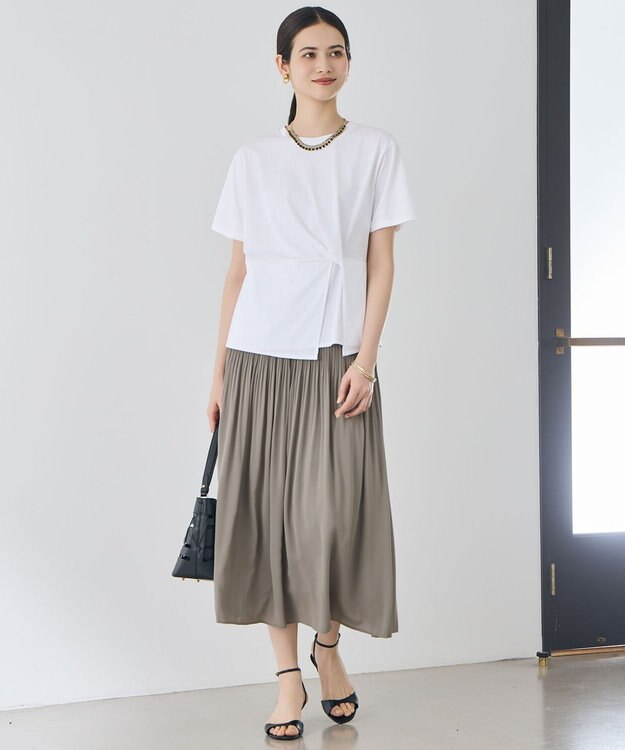 自由区 【デザインアップデート・ウエストゴム・セットアップ対応・セレモニー・通勤】ライトサテンプリーツ スカート モカ