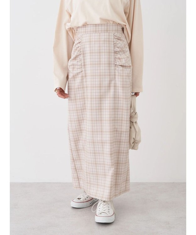 earth music&ecology ギャザーナロースカート Check Beige