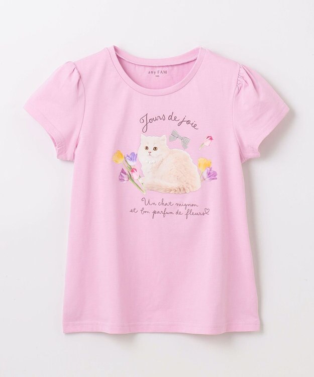 ANY KIDS フォトプリント ネコ Tシャツ ピンク