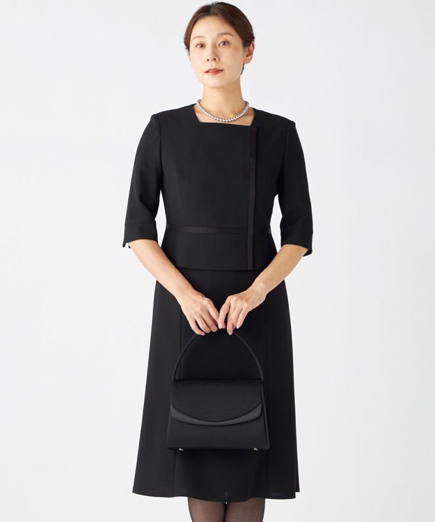 自由区 FORMAL 【ウォッシャブル対応】ドビーボーダーリボン ジャケット+ワンピース ブラック系