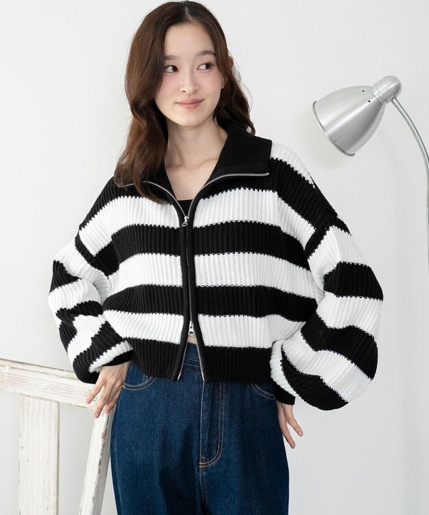 WEGO ダブルジップショートニットブルゾン ブラックボーダー