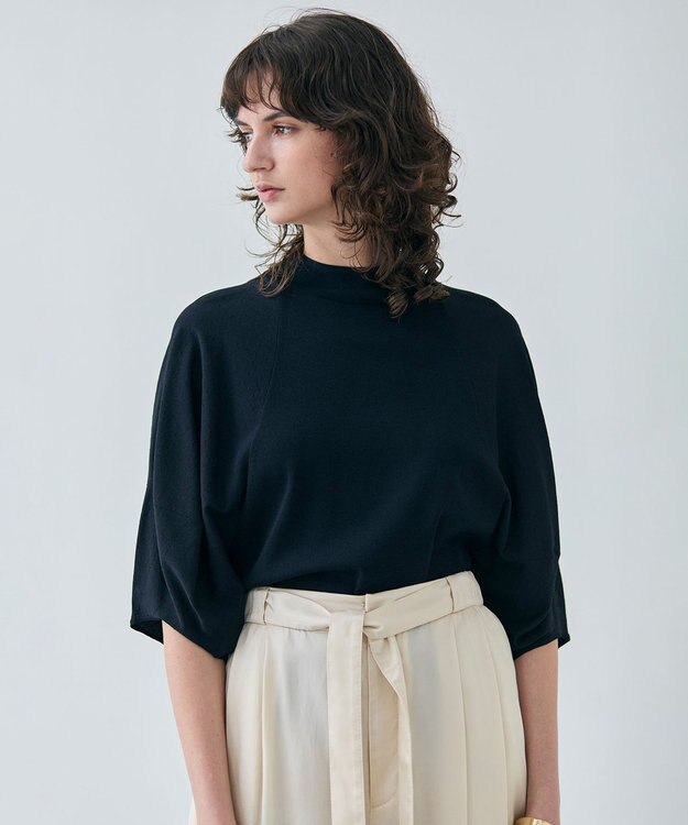 BEIGE， 【洗える】NADIA / ボリュームスリーブ半袖ボトルネックニット Navy