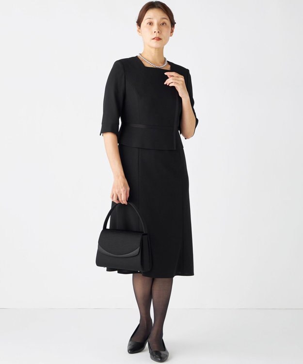 自由区 FORMAL 【ウォッシャブル対応】ドビーボーダーリボン ジャケット+ワンピース ブラック系