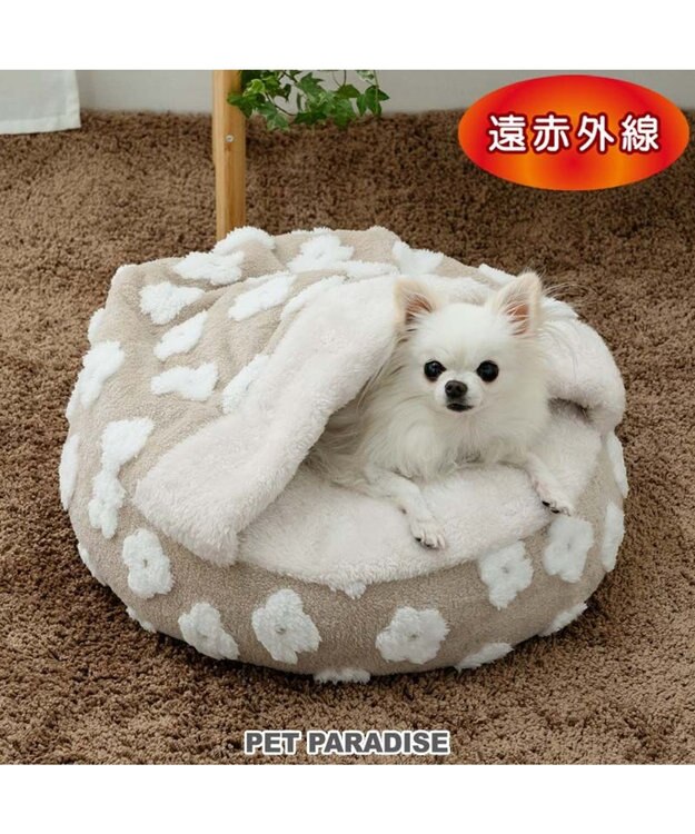 PET PARADISE ペットパラダイス ボア寝袋 丸型 《お花柄》S 径50cm  超小型犬 ベージュ