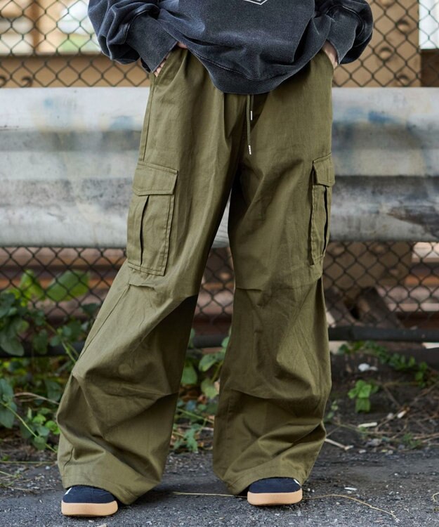 WEGO 【ウエストゴム/XSSMサイズ展開】ツイルイージーカーゴパンツ カーキ