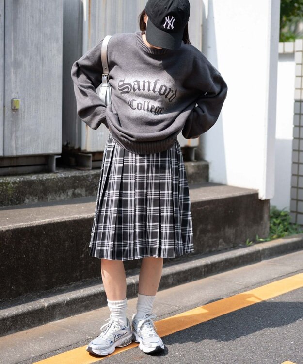 WEGO ベルト付プリーツミドルスカート ブラックチェック1