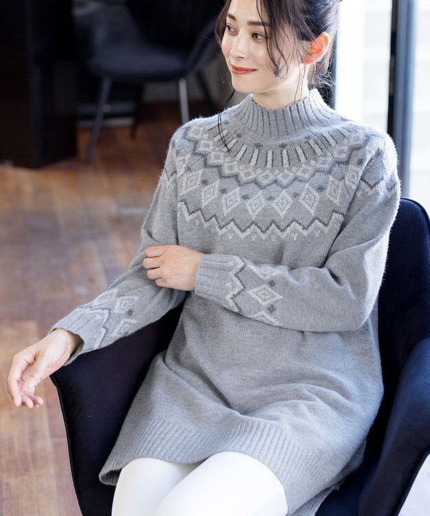 Tiaclasse L 【洗える】ノルディック柄ニットチュニック グレー