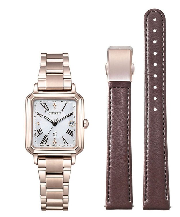 CITIZEN 【替えバンド付き電波時計】電池交換不要のスクエア2wayモデル ES9506-62A サクラ色