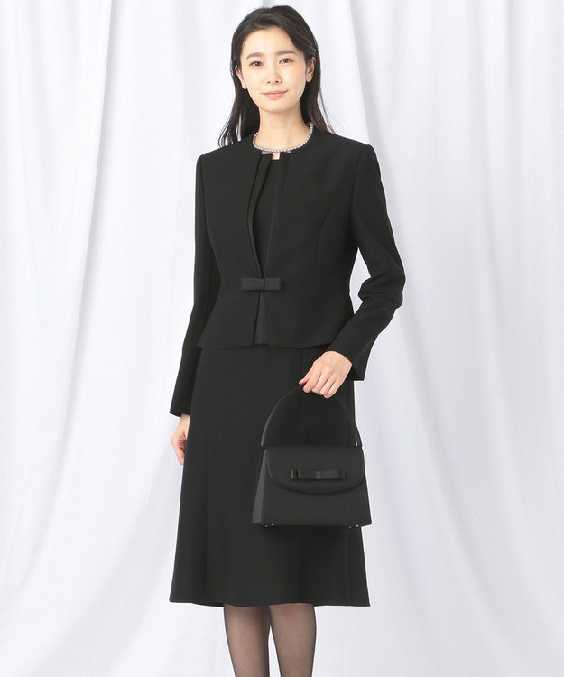 自由区 FORMAL 【ウォッシャブル対応】ドビーボーダーリボン ジャケット+ワンピース ブラック系