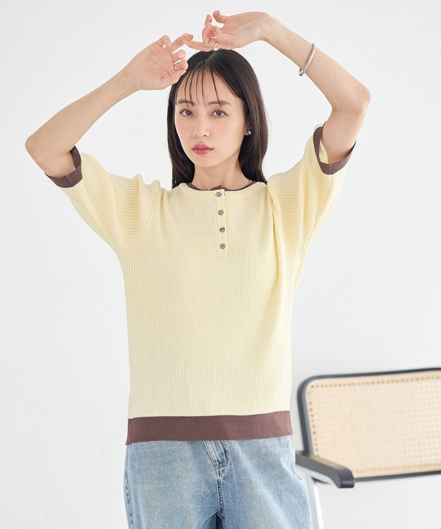 earth music&ecology ヘンリーネック半袖ニットプルオーバー Yellow
